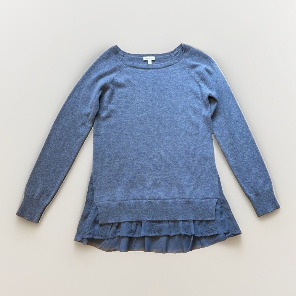 Garnet Hill Teal Blue Grey 100% Cashmere Sweater Flounce Lace Trim Size XS